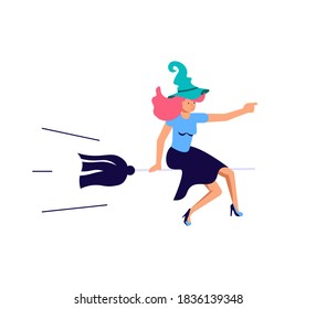 Business woman in witch hat flying on the magic broomstick. Isolated on white background. Flat Art Vector Illustration