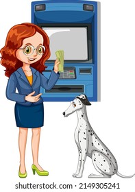 Business woman withdraw money from atm machine illustration