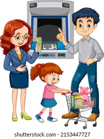 Business woman withdraw money from atm machine illustration
