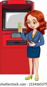 Business woman withdraw money from atm machine illustration