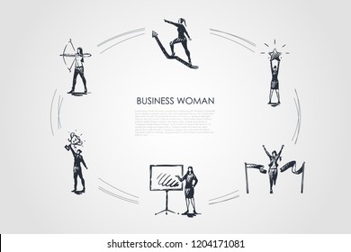 Business woman - women with star in hands, archery, with trophy, crossing finish, climbing on arrow up vector concept set. Hand drawn sketch isolated illustration