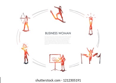 Business woman - women with star in hands, archery, with trophy, crossing finish, climbing on arrow up vector concept set. Hand drawn sketch isolated illustration