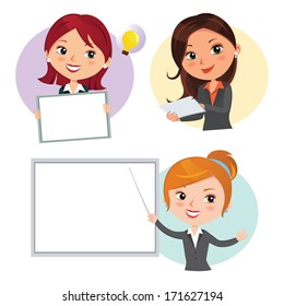 Business woman at work. Beautiful business women with a touchscreen tablet, holding board and pointing at presentation board.