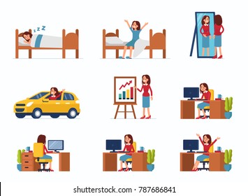 
Business woman work day scenes. Flat style vector illustration isolated on white background.