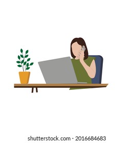 Business woman at work desk with laptop. Freelancer or office worker. Vector iillustration in flat style. Woman uses laptop and phone while working on a project in the office. Office work at the table