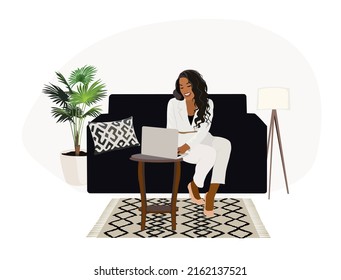 Business woman work at home in comfortable conditions. Beautiful black girl wearing white suit sitting on sofa with laptop. Freelance online job or blogging. Remote work concept. Cartoon style vector.