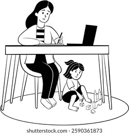 business woman work at home and her daughter playing under her desk. female freelancer with child in workplace. maternity and career concept. illustration vector.