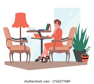 Business woman work at home. Remote worker girl in elegant red dress sits in armchair and works with laptop and smartphone. Vector. Online study, education. Home Office. Freelancer lifestyle.