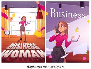 Business Woman Work In Office Cartoon Posters, Multitasking Businesswoman With Smartphone And Notepad, Hands Holding Working Items In Messy Cabinet With Flying Paper Documents, Vector Illustration