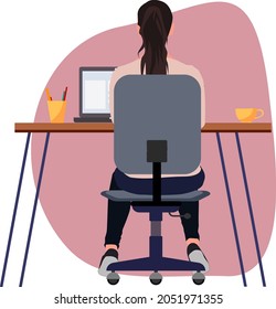 business woman at work office worker woman behind the a work desk back view Vector illustration