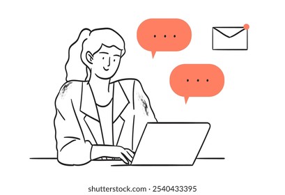 Business woman work online on laptop. Line graphic vector illustration. Manager or seo specialist work on project, website social media promotion. Freelance edit presentation, create or write content.