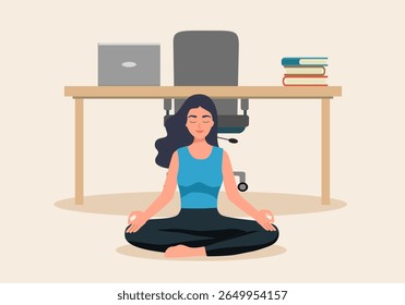 Mulher de negócios meditação trabalhador. Ilustração vetorial. Empresária ioga, gerente de meditação de lótus no gabinete, chefe relaxar