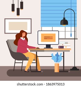 Business woman worker sitting in home room interior and work computer. Website username login password username account access concept vector flat cartoon graphic design illustration