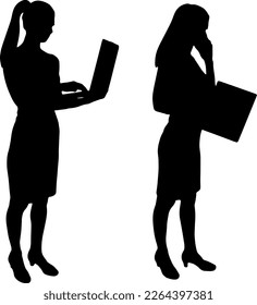 Business woman or worker is working with a laptop in her hands, standing. Business concept. Set of vector silhouettes