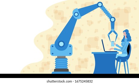 Business woman working for automation with a robotic arm icon. All the objects, shadows and background are in different layers. 