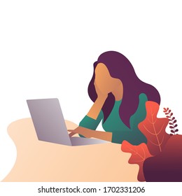 business woman working with computer. Working at home, coworking space, concept illustration. Young people, womаn freelancers working on laptops and computers at home. Vector flat