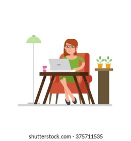 Business woman working in coworking in a chair with a laptop. The workspace with a bright decor, flowers and a lamp. Vector concept in a flat style. Workflow, distant work.