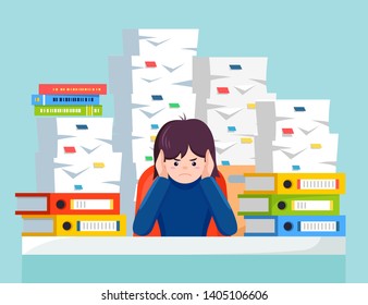 Business woman working at desk. Pile of paper, busy businesswoman with stack of documents in carton, cardboard box, help sign. Paperwork. Bureaucracy concept. Stressed employee. Vector cartoon design