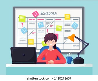 Business woman working at desk Planning schedule on task board concept. Planner, calendar on whiteboard. List of event for employee. Teamwork, collaboration, time management. Vector flat design