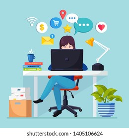 Business woman working at desk with social network, media icon. Manager sitting on chair, chatting. Office interior with laptop, documents, coffee. Workplace for worker, employee. Vector flat design