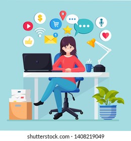 Business woman working at desk with social network, media icon. Manager sitting on chair, chatting. Office interior with laptop, documents, coffee. Workplace for worker, employee. Vector flat design