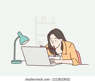 business woman working and eating asian noodles. Hand drawn style vector design illustrations.