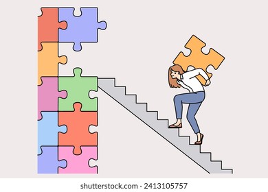 Business woman working hard climbing career ladder with puzzle piece to build successful company or startup. Persistent businesslady demonstrates motivation to achieve business success