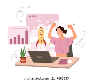 Business woman working hard concept. Young entrepreneur girl sitting at her workplace and rejoicing at launch of startup. Successful and productive employee. Cartoon flat vector illustration