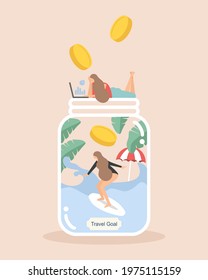 Business woman is working hard and at the same time she sets her goal to save more money to travel. Flat design of ‘Work life balance’ and ‘Work hard play harder’ concept.