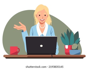 Business woman working having video conference call on laptop computer. Businesswoman person talking communicating online at office desk. Distance communication technology flat vector illustration