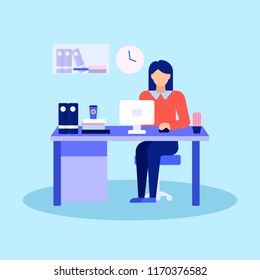 Business woman working at her office desk. The office worker, works behind the computer, in the office on the background. Flat style modern minimalistic design. Vector illustration.