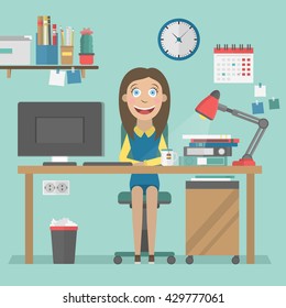 Business woman working at her office desk. Flat modern character. Vector illustration. 