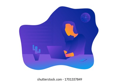 Business woman working at home on her pc isolate made in neon style