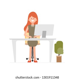 Business woman working with a laptop. Call center communication.