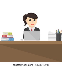 business woman working with laptop design character on white background