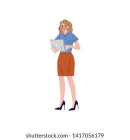 Business Woman Working with Laptop, Office Employee, Entrepreneur or Manager Character Vector Illustration