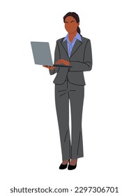 Business woman working at laptop. Pretty black woman wearing formal office outfit standing with computer. Vector realistic illustration isolated on white background