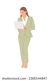 Business woman working at laptop. Pretty girl wearing formal office outfit standing and looking at computer. Vector realistic illustration isolated on white background