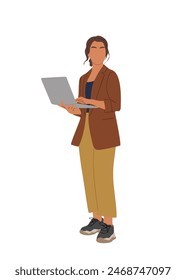 Business woman working at laptop. Pretty girl wearing smart casual office outfit standing with computer. Vector realistic illustration isolated on white background.