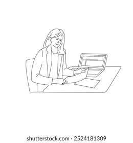 Business woman is working at a laptop. Vector  isolated illustration in line art style	