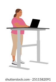 Business woman working at modern ergonomic workplace vector flat illustration isolated on white background. Curly girl in casual attire standing behind innovative furniture, desk with laptop.