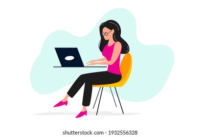Business woman working in office behind her desk with a laptop. Flat style character and modern vector illustration. 