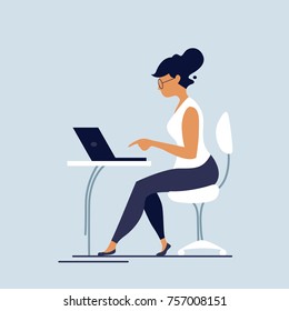 Business woman working in office behind her desk with desktop computer, flat character design, vector illustration