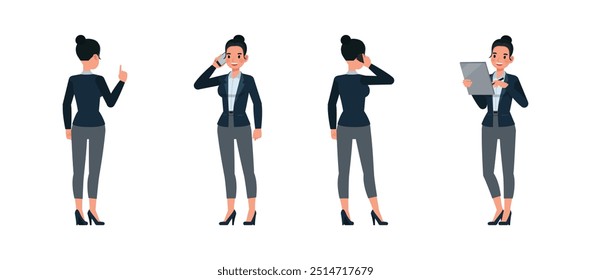 Business woman working in office character vector illustration design set. Presentation in various action. Woman wear dark blue suit.