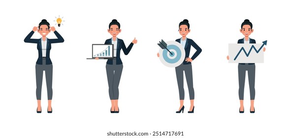 Mujer de negocios que trabaja en el sistema del diseño de la Ilustración vectorial del carácter de la oficina. Presentación en diversas acciones. La mujer usa traje azul oscuro.