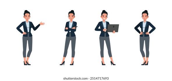 Business woman working in office character vector illustration design set. Presentation in various action. Woman wear dark blue suit.