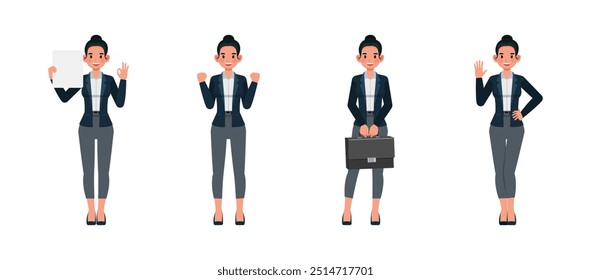 Mujer de negocios que trabaja en el sistema del diseño de la Ilustración vectorial del carácter de la oficina. Presentación en diversas acciones. La mujer usa traje azul oscuro.