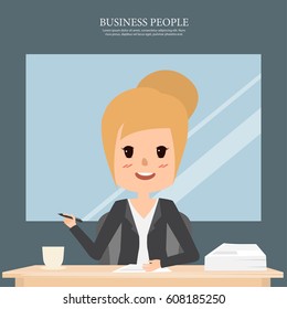 business woman working at office character. business people flat design vector. writing a paper.