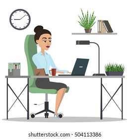 business woman working. office desk. vector illustration