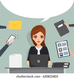 Business woman working at office desk. illustration vector of people in job.